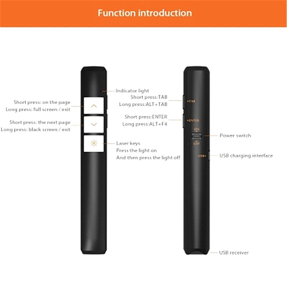 PPT General Projector Remote Wireless Demonstrator Light Charging Flip Pen - Black