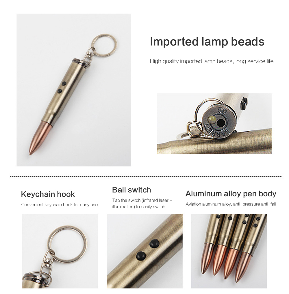 Bullet Keychain LED Laser Flashlight Infrared Portable with Ballpoint Pen 1PC - Sand