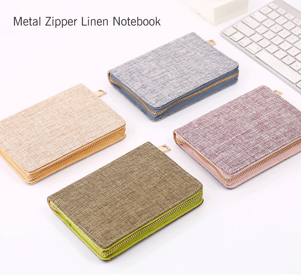 Metal Zipper Linen Notebook Note Book- light yellow