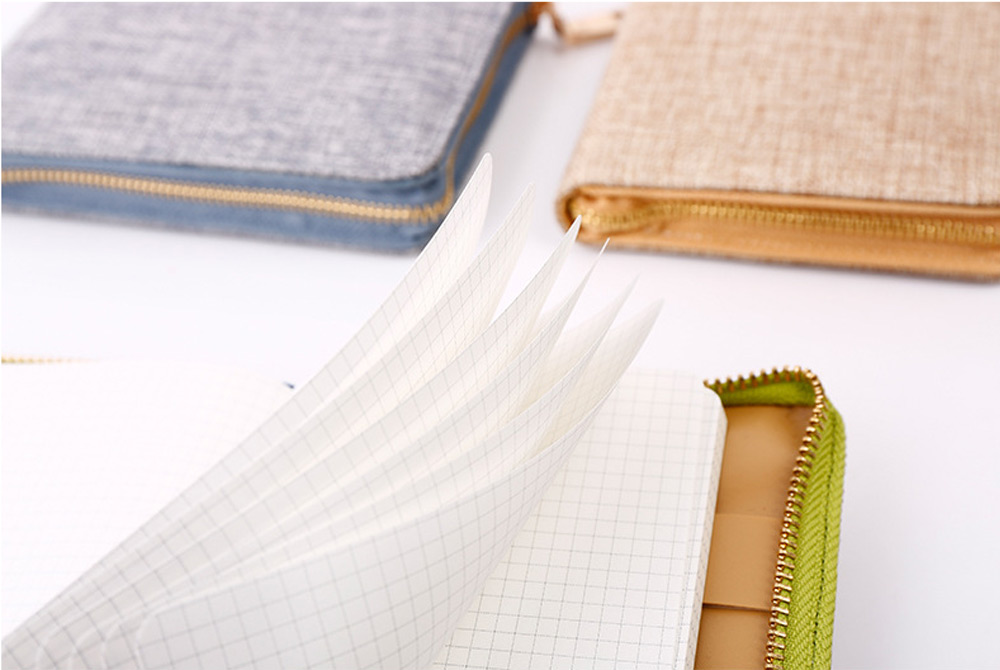 Metal Zipper Linen Notebook Note Book- light yellow